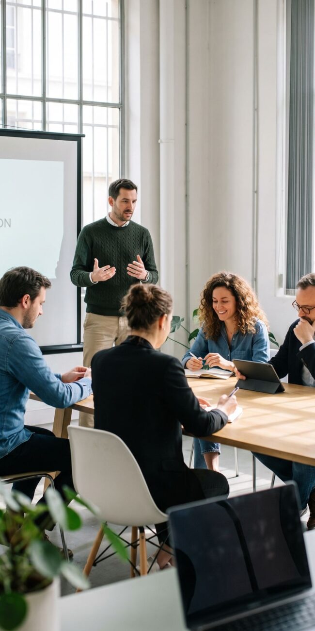 Formateur debout présentant devant un groupe de participants assis autour d'une table